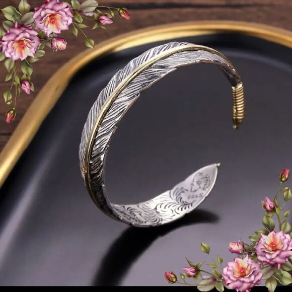 Adjustable Opening Bracelet Silver Plated Bracelet Feather Bracelet - Picture 2 of 16